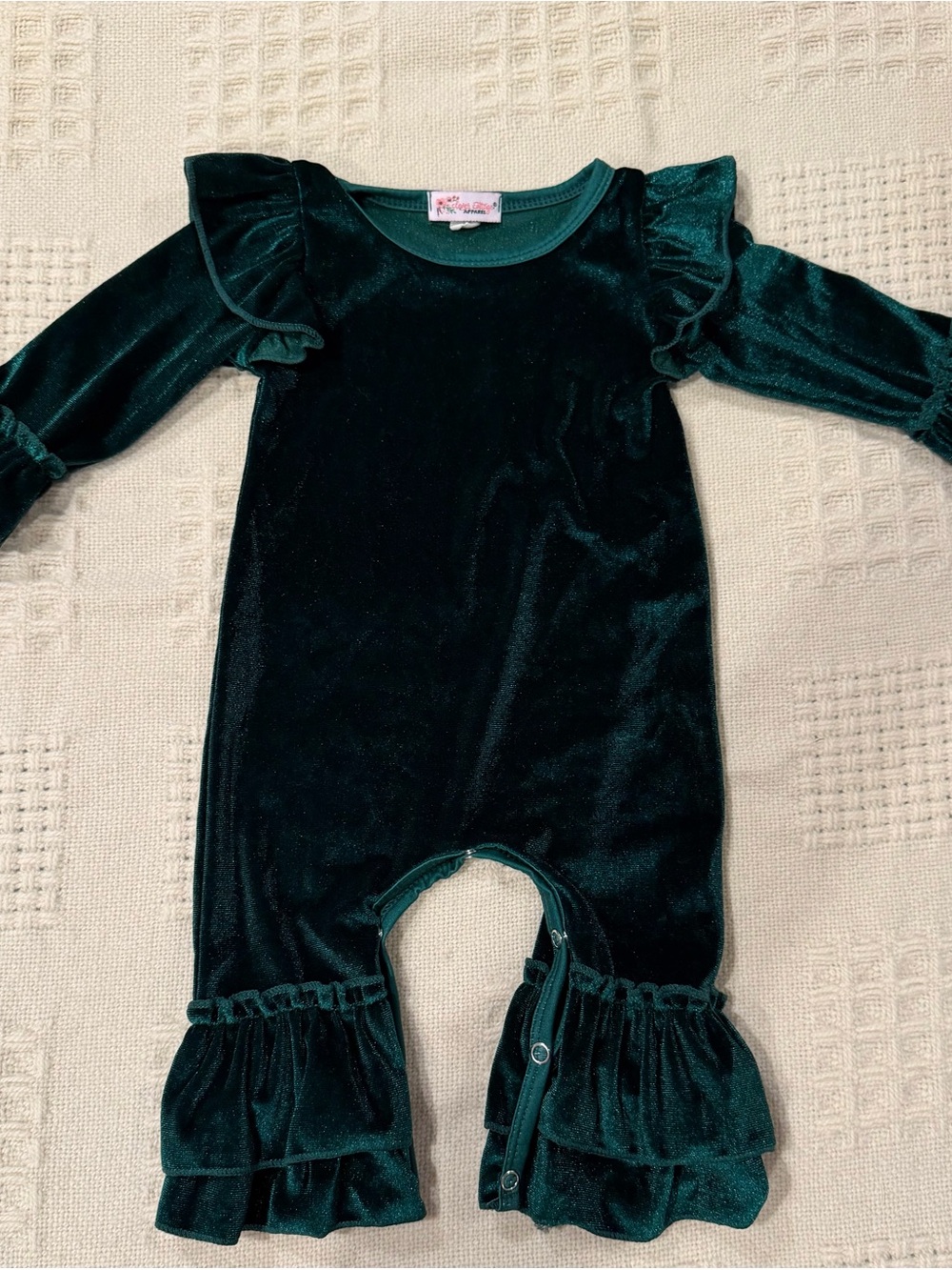 Clover Cottage Baby Girl Emerald Green Velvet Ruffle Romper 6–9 Months